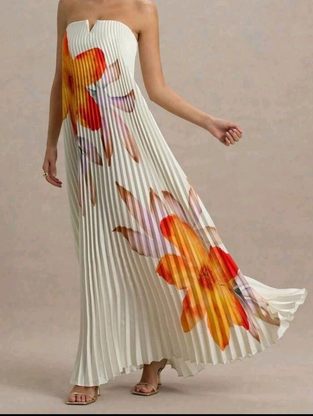 Strapless White Pleated Maxi Dress with Orange Floral Print